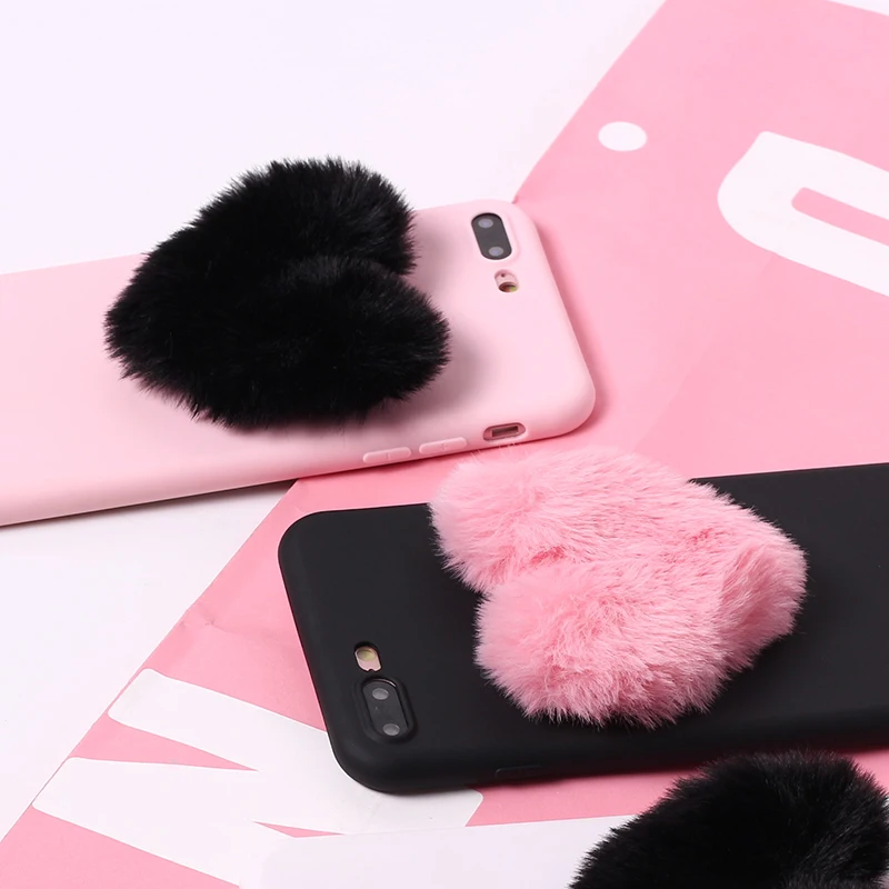 

Fluffy Fur Heart Pom Pom Soft Candy Matte Phone Case For iPhone 12 Mini 11 Pro Max 6 6S 5 5S SE 8 8Plus X XS Max 7 7Plus