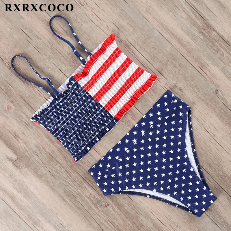RXRXCOCO купальники для женщин купальник Smocking бикини с высокой талией набор бикини напечатан летний купальник с рюшами пляжная одежда