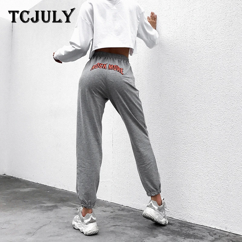 TCJULY модные спортивные штаны с надписью «Rock More», женские брюки, джоггеры с эластичной резинкой на талии, уличная одежда, повседневные серые штаны-шаровары