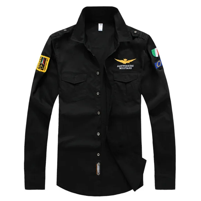 Черный Рубашка air force one Мужские рубашки с длинным рукавом slim fit Asstseries для мужчин, в стиле милитари платье рубашка 4XL мужские рубашки camisa masculina - Цвет: Черный