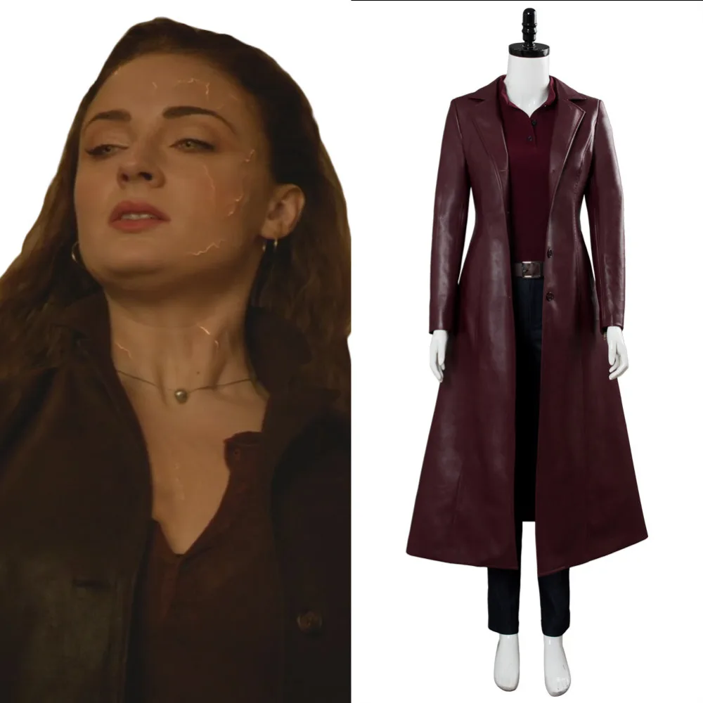 Dark Phoenix Jean Grey Cosplay Costume Girl Leather Red Trench Coat Outfit Women Halloween Carnival Custom | Тематическая одежда и