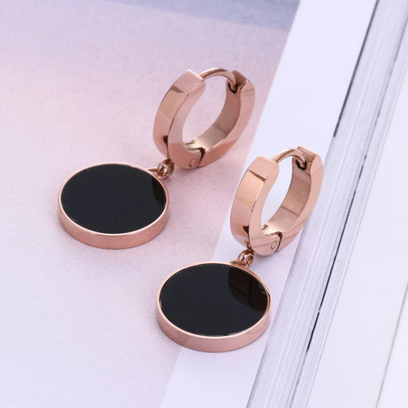 Женские круглые серьги-капли из титана и стали с застежкой розовое золото 1 пара |