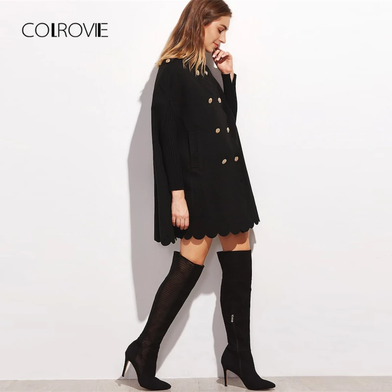COLROVIE черная накидка с гребешком, Офисная элегантная накидка для девочек, Женское пальто, корейская мода, теплая зимняя куртка, женская сексуальная верхняя одежда