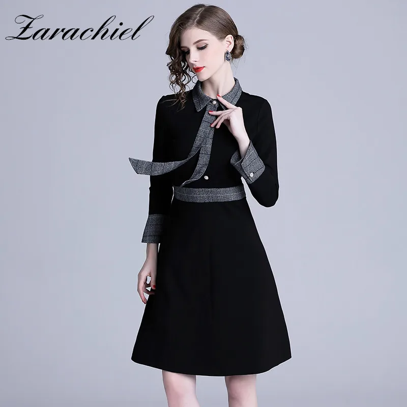 2019 Весна новое поступление с воротником в стиле Питер Пэн лоскутное клетчатое