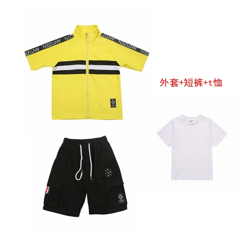 3pcs Костюм в стиле хип-хоп детская одежда для уличных танцев для мальчиков Одежда для сцены желтая рубашка шорты современные танцевальные джазовые танцевальные наряды DQS2118 - Цвет: 3pcs