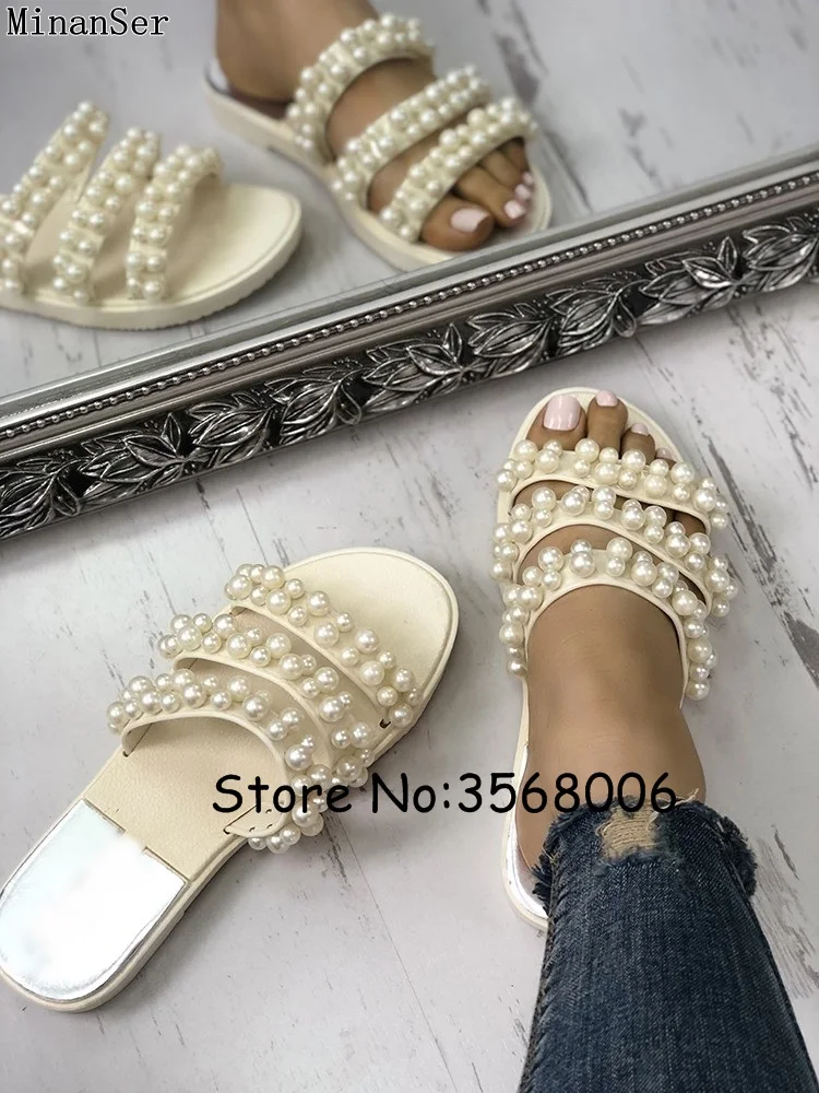 Pearl Embellished Open Toe Summer Women Slippers Beading Decoration Strap Lady Flats Slides Outside Beach Shoes | Обувь
