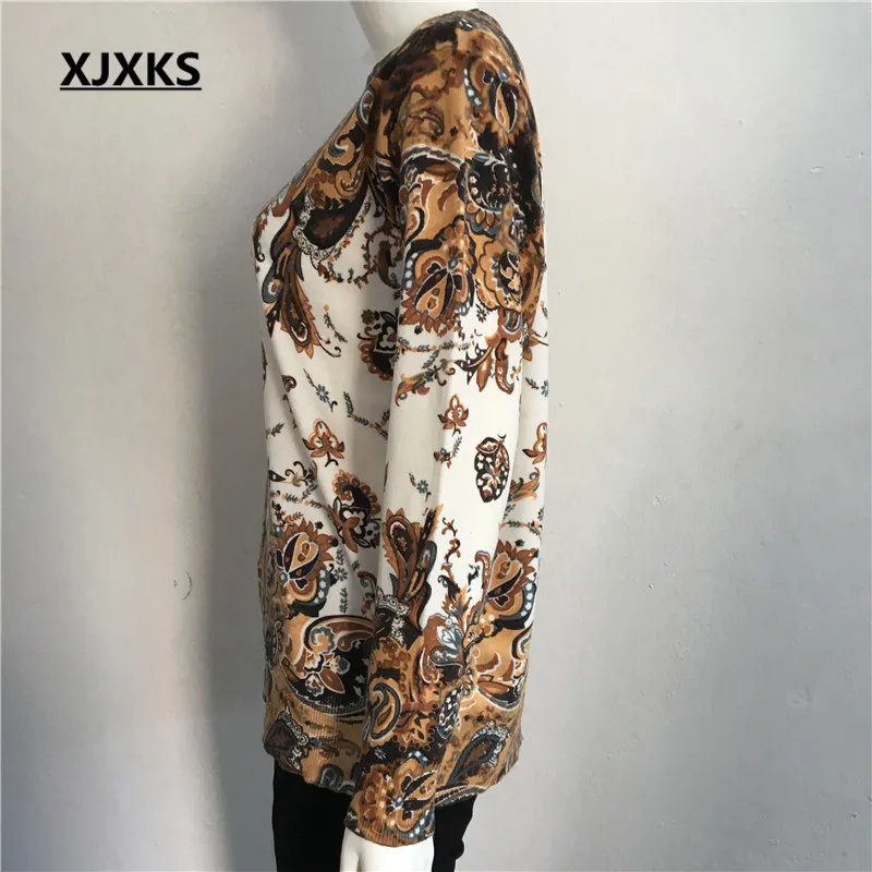 XJXKS женский модный свитер с цветочным принтом и круглым вырезом с длинным рукавом, женские свитера и пуловеры размера плюс