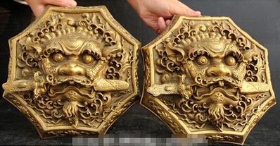 

Античная бронза Чистая Медь Латунь 9 "Китайский Фэншуй Бронзовый Животных Голова Льва Меч Дверной Молоток Пара Статуя