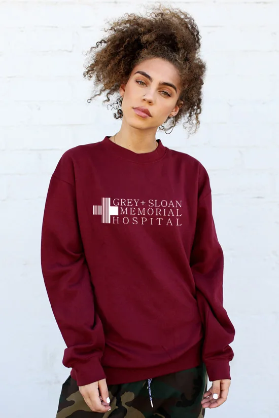 Для женщин шею oversize-худи модные серые Sloan Мемориал больницы кофты Повседневное с