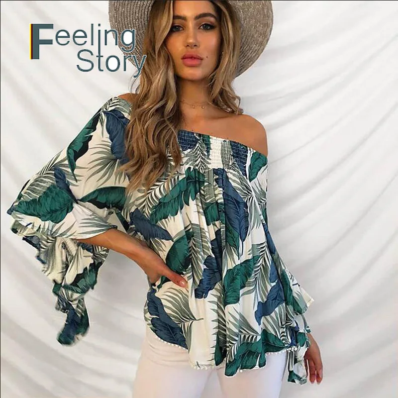 Boho женские летние топы и блузки с расклешенными рукавами пальмовых листьев