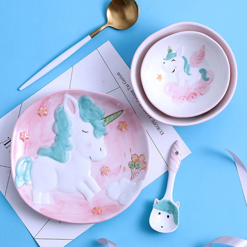 Творческий Керамическая посуда наборы Симпатичный мультфильм Unicorn фарфоровый набор посуды Латы Ложка Bowl Детская Посуда Посуда