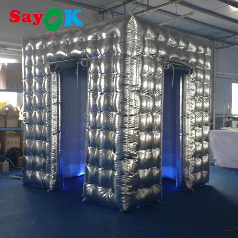 Silver Inflatable Photo Booth Tent 98.4X98.4X98.4 inch with 2 Doors and Curtains for Wedding Birthday Party |