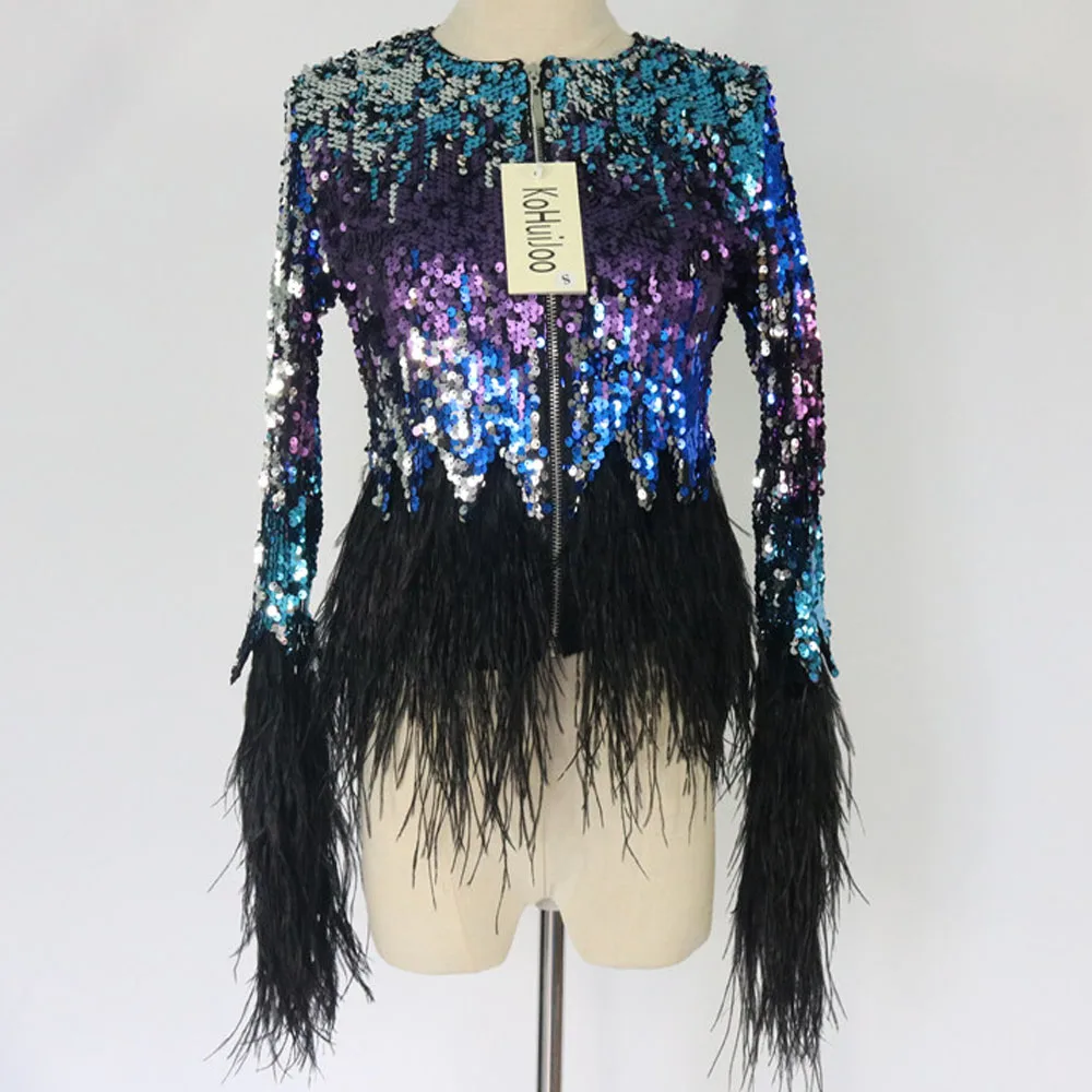 2018 Весна Для женщин блестками куртка Тонкий страуса Перо лоскутные модные Blingbling