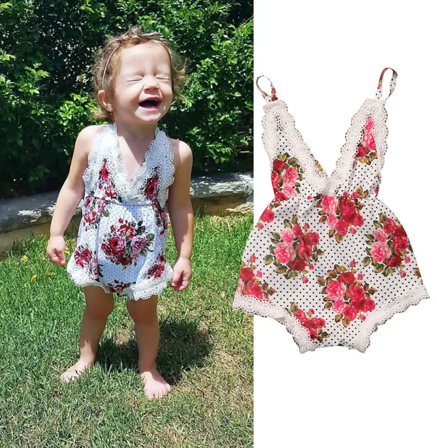 Детский кружевной комбинезон с цветочным принтом для маленьких девочек