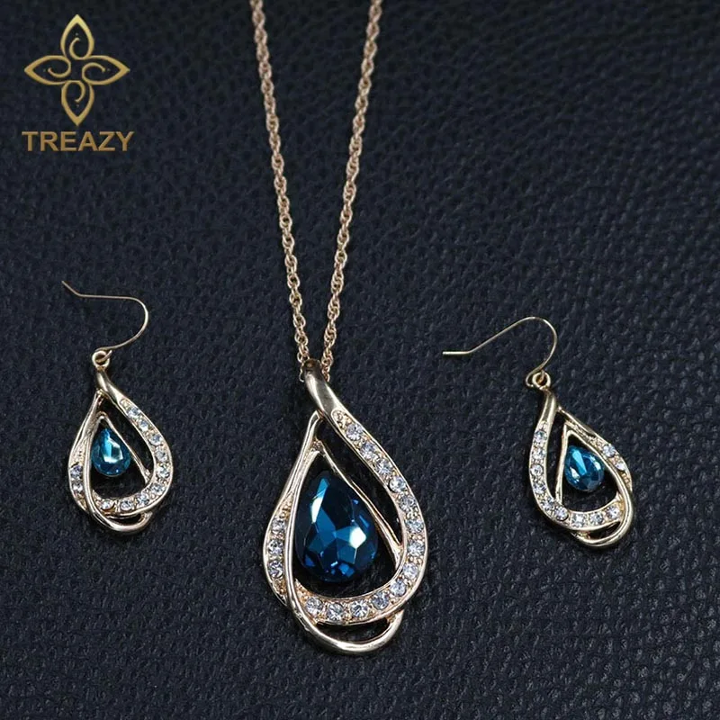Комплект из колье и серёг с синим кристаллом|necklace earring set|party jewelry setfashion set |