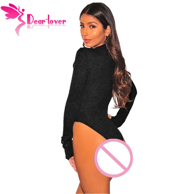 Dear Lover с длинным рукавом кнопкой Mock Neck Bodycon сексуальное боди Черный 2019