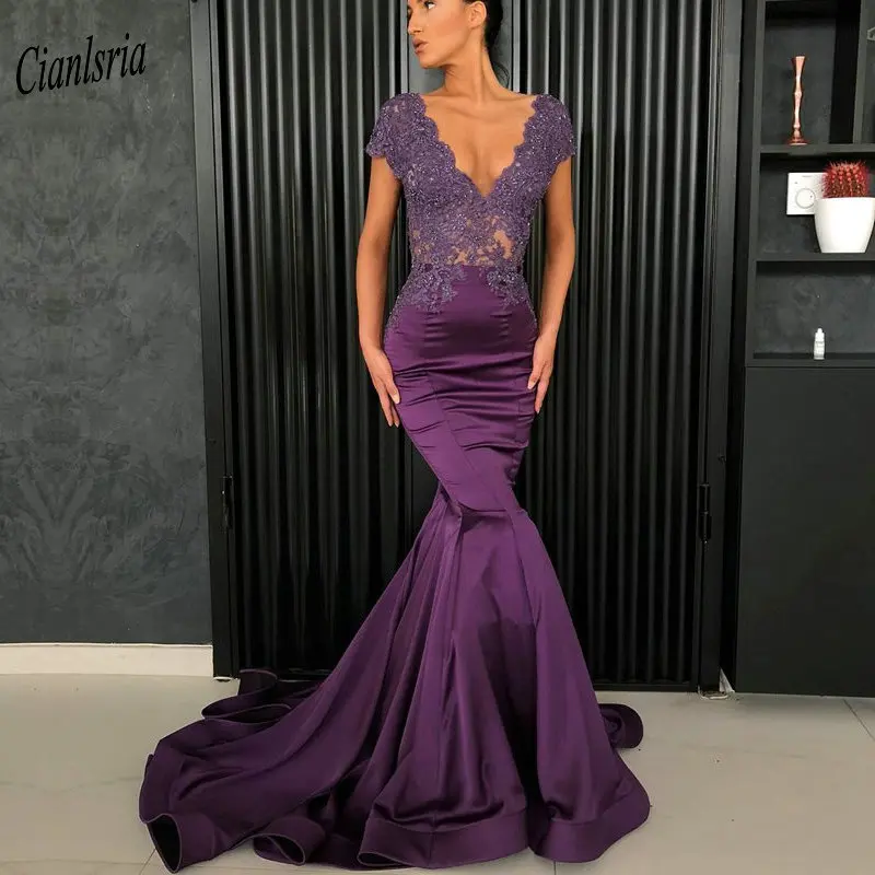 

Sexy Purple Long Mermaid Evenin Dress V-neck Cap Sleeve Beading Appliques Arabic Formal Evening Party Dresses Robe de soiree