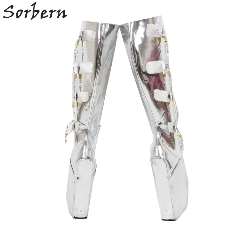 Женские сапоги с металлическим блеском на танкетке 8 замков | Обувь