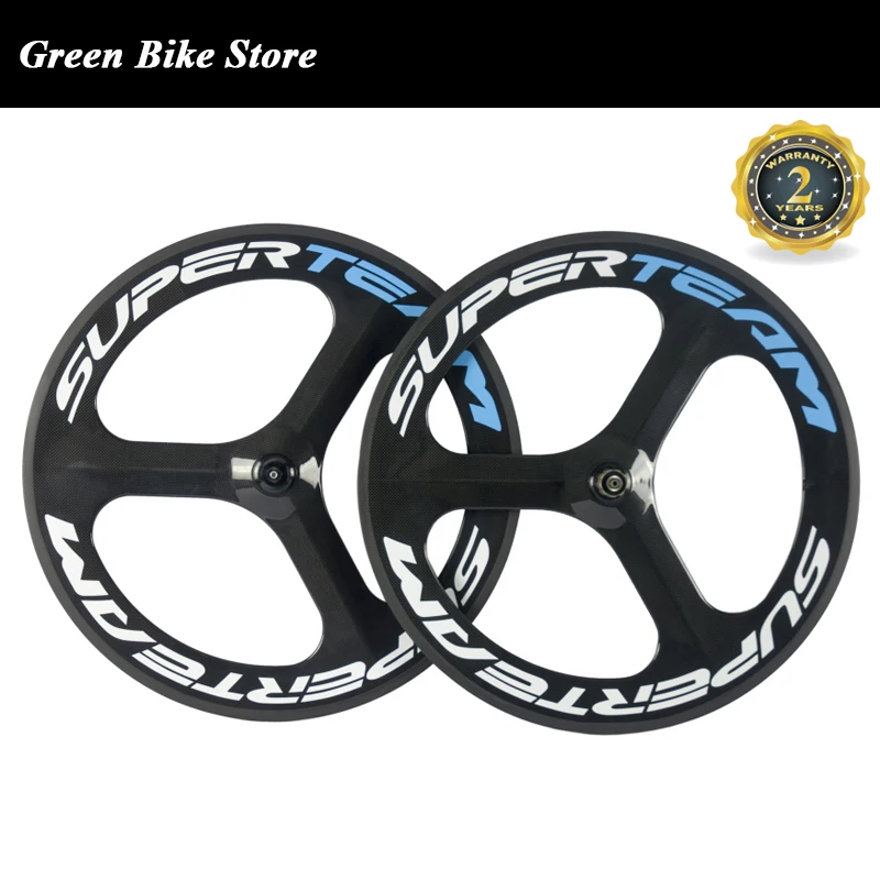 

SUPERTEAM Front Carbon Wheels Fixed Gear Bike 70mm Depth 3 Spoke Wheel Carbon Track Bike Tri Spoke Wheels Clincher 3k Glossy