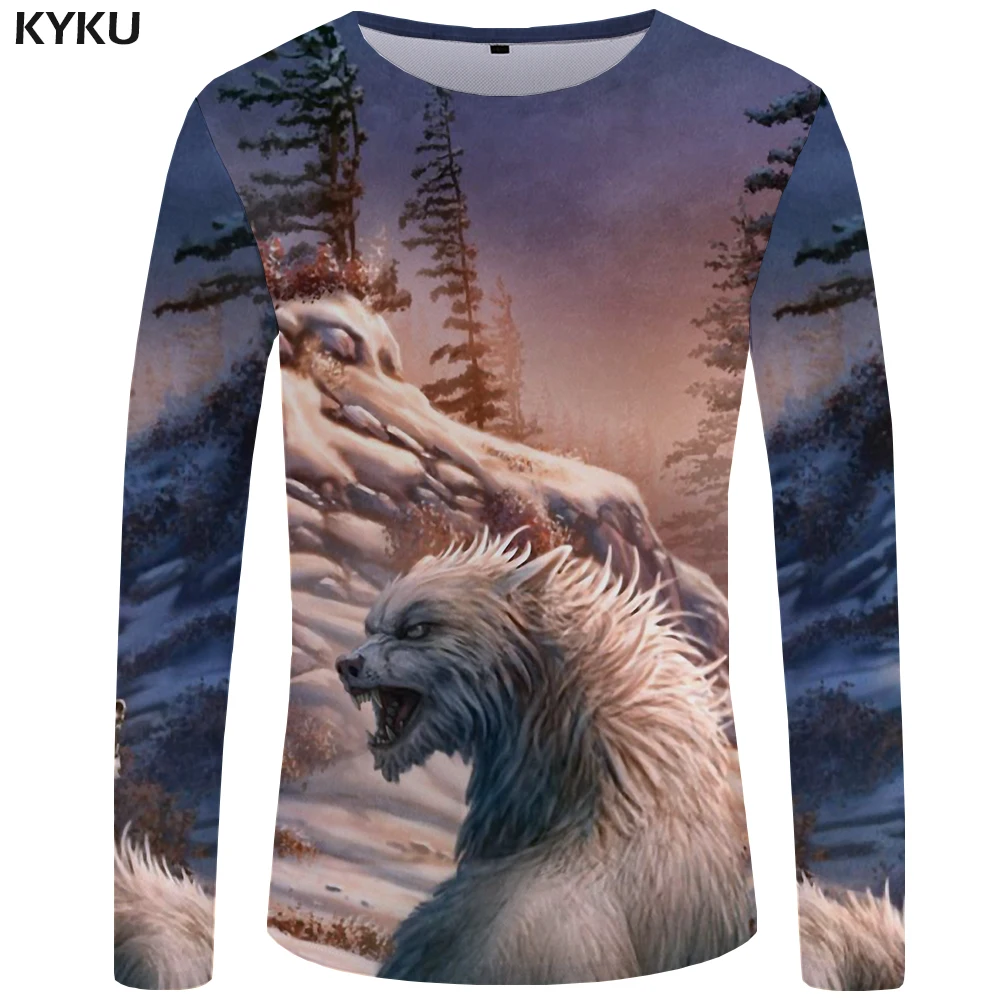 KYKU Wolf футболка мужская с длинным рукавом Футболка готический рок светильник одежда черная забавная футболка s животное 3d Футболка Аниме Мужская одежда s