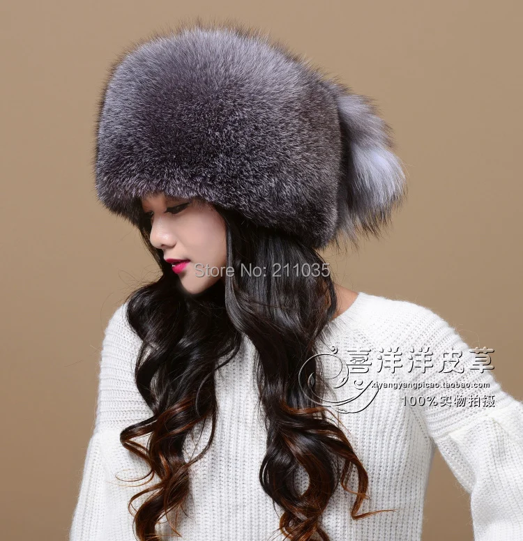 Women Winter Plus Size High Quality Thicken Fox Fur Skullies & Beanies Hats Man Oversized Protective Ear Warm Ink Fur Caps