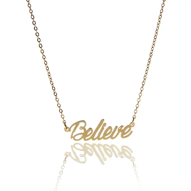 

Gold Color Nameplate Necklace "Believe" Necklace for Women Jewelry Stainless Steel Script Front Letters Initial Statement NL2425