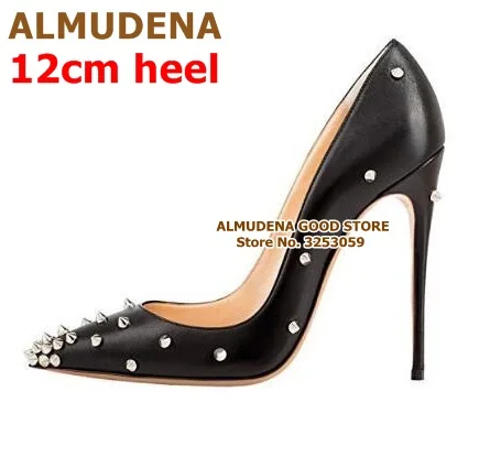 as picture 12cm ALMUDENA/пикантные женские модельные туфли-лодочки с заклепками и острым носком; цвет белый, черный; Туфли-гладиаторы с золотыми заклепками; туфли-лодочки на шпильке 10 см, 12 см - Цвет: as picture 12cm