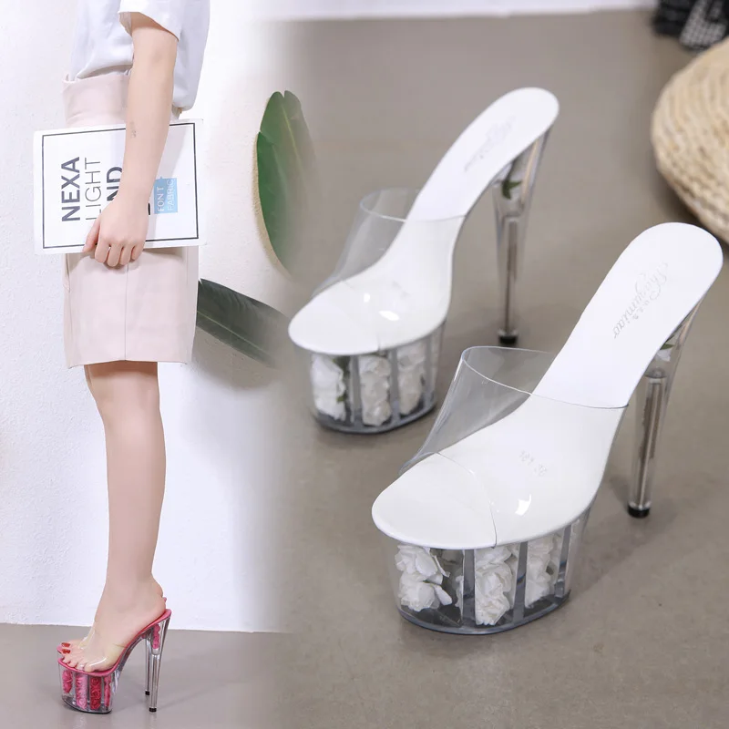 Platform Women Slippers Shoes Thin Heel Ultra High Heels 17CM Flowers Transparent Crystal Sandals Female | Обувь