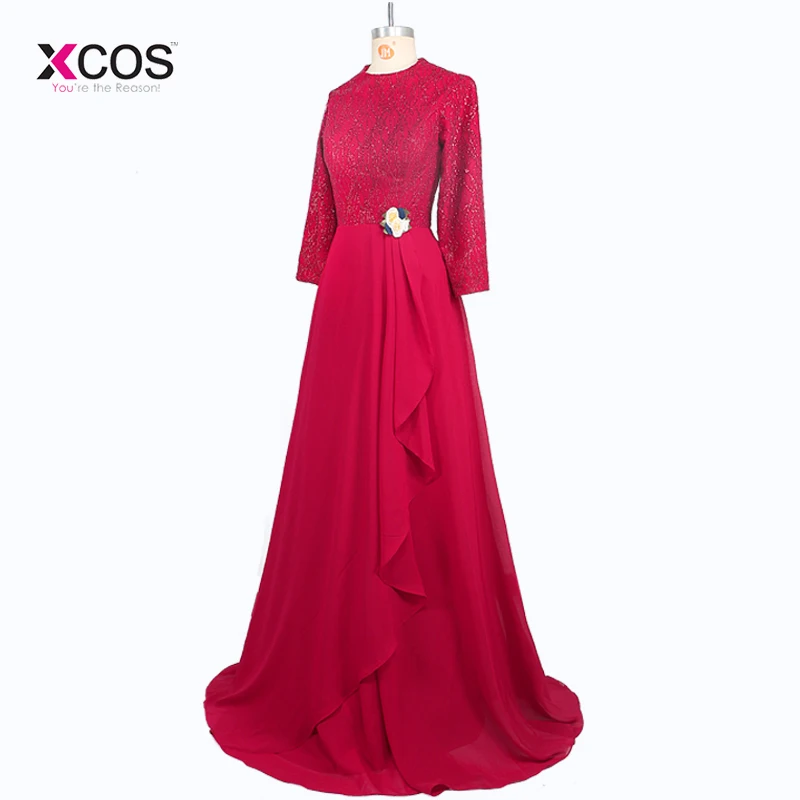 Мусульманские Вечерние платья 2018 трапециевидной формы длинные рукава красное