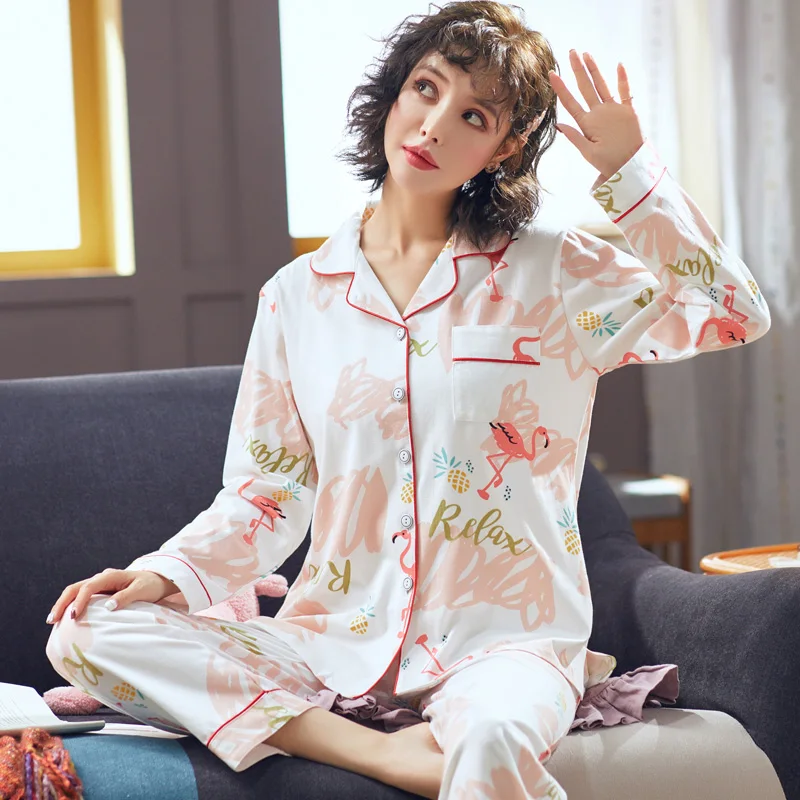 Женский пижамный комплект WAVMIT Хлопковая пижама с длинным рукавом домашняя