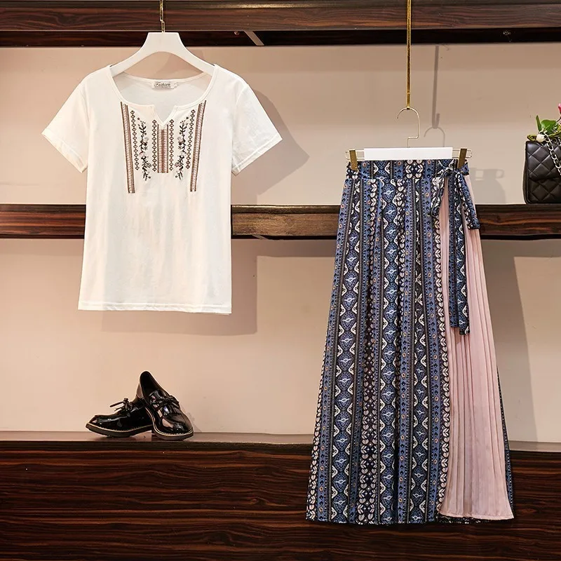 5XL большой размер Женская одежда летний комплект из 2 предметов вышивка белая
