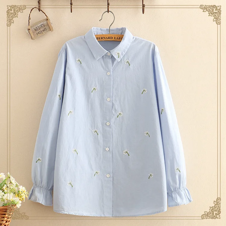 

Female Japanese mori girl dandelion embroidered long - sleeved shirt fall new small pure and fresh cotton shirts blouse