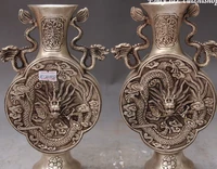 decoration bronze factory outlets tibet silver chinese fengshui silver double ear dragon dragons flower vase bottle pair statue