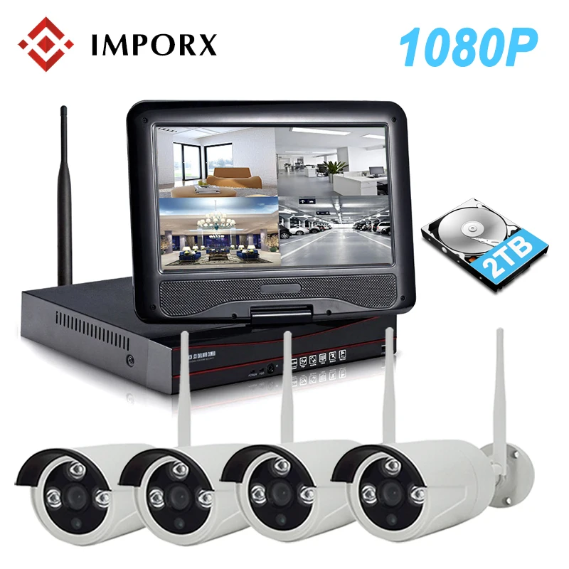 4CH 1080 P беспроводные наборы NVR 10' ЖК дисплей HD 2MP наружная ip камера