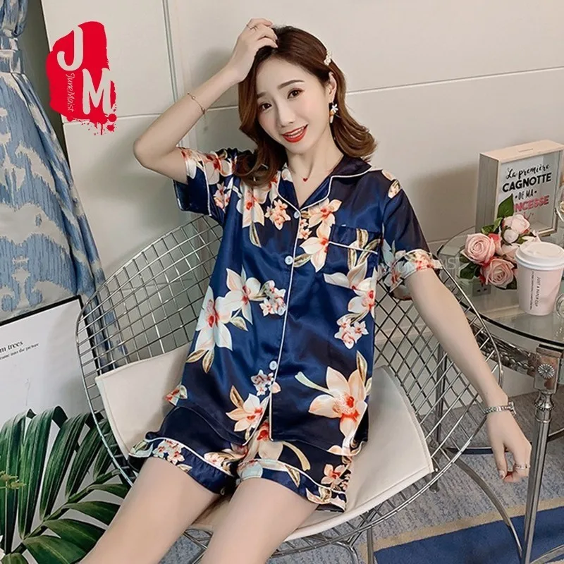 Женская шелковая атласная пижама пижамный комплект короткая Пижама Пижамный