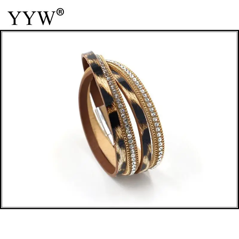 Двухслойный Кожаный браслет с леопардовым принтом в стиле панк со стразами