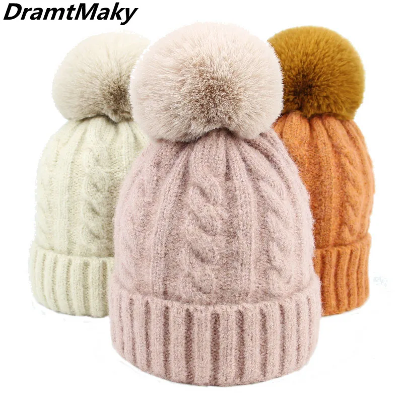 

2018 Fashion Wool Women Fur Pom Poms Fashion Knitted Hat Girls Female Beanie Cap Pompom Winter Hats for Women Skullies Beanies