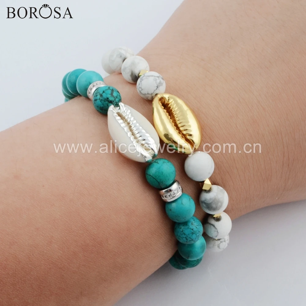 

BOROSA 6PCS Fashion 7inch Natural Cowrie Shell with 8mm Natural Stone Beads Bracelet Rainbow Handmade Bangle Jewelry HD0072