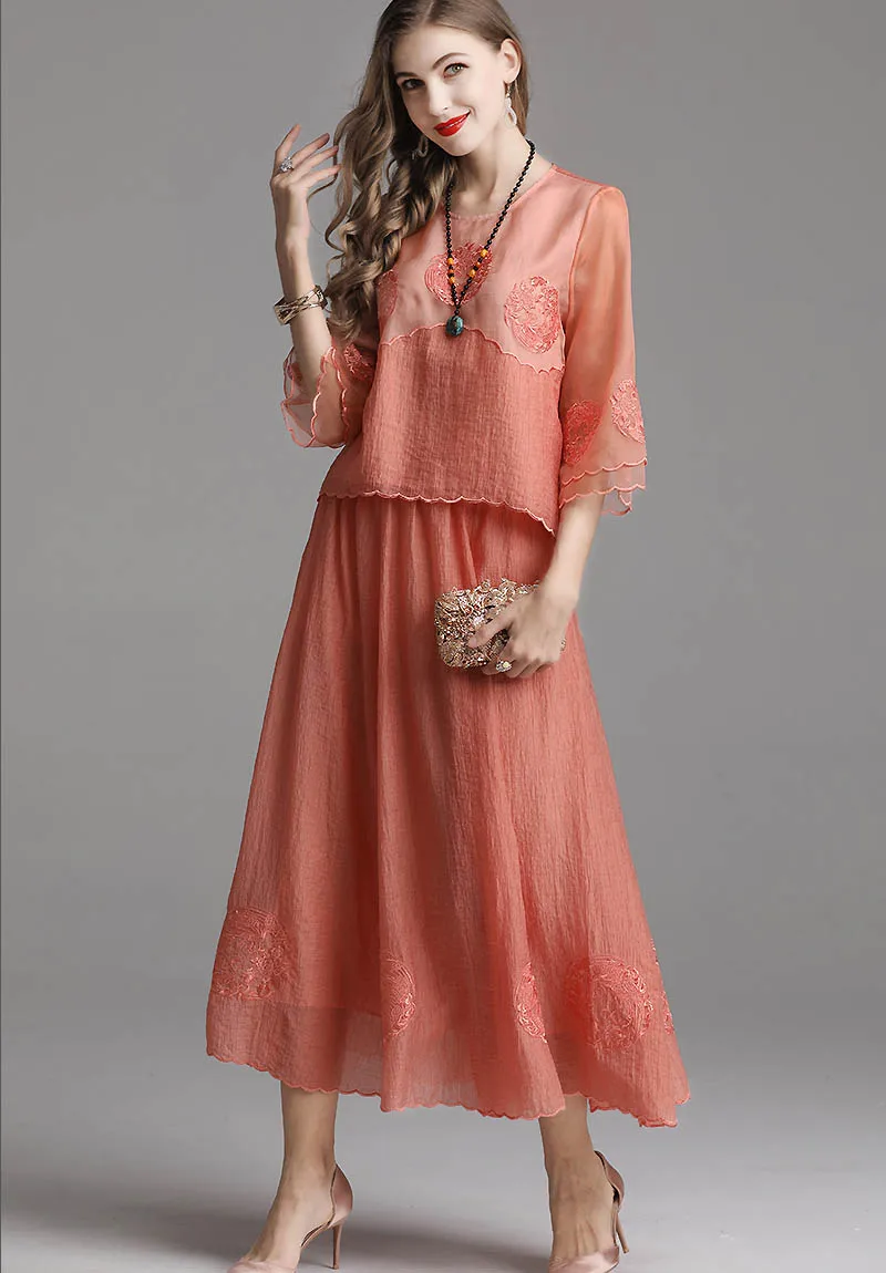 Весенний женский модный костюм из тенселя с вышивкой элегантный топ круглым