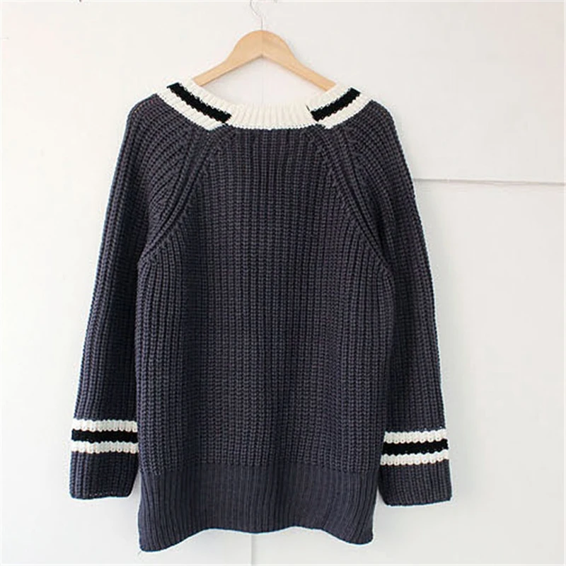 Winter women Retro Leisure Thick needle loose Hit color V-neck long sleeve Pullovers knitted sweater for girls | Женская одежда