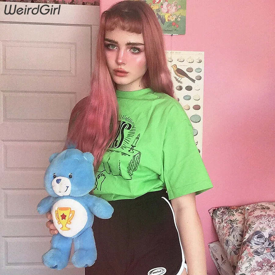 Weirdgirl/женские модные повседневные футболки с принтом; футболки для девочек с круглым вырезом и коротким рукавом; зеленая свободная уличная одежда; женские футболки; летние топы; Новинка