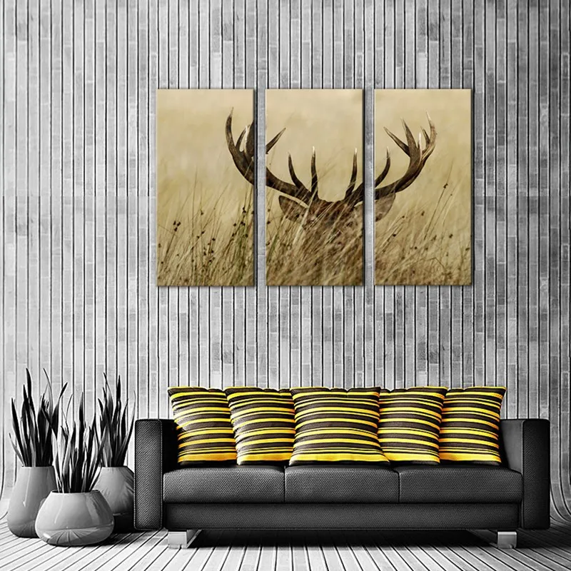 Настенная картина из 3 панелей с оленем и длинным в кусте рисунок на холсте