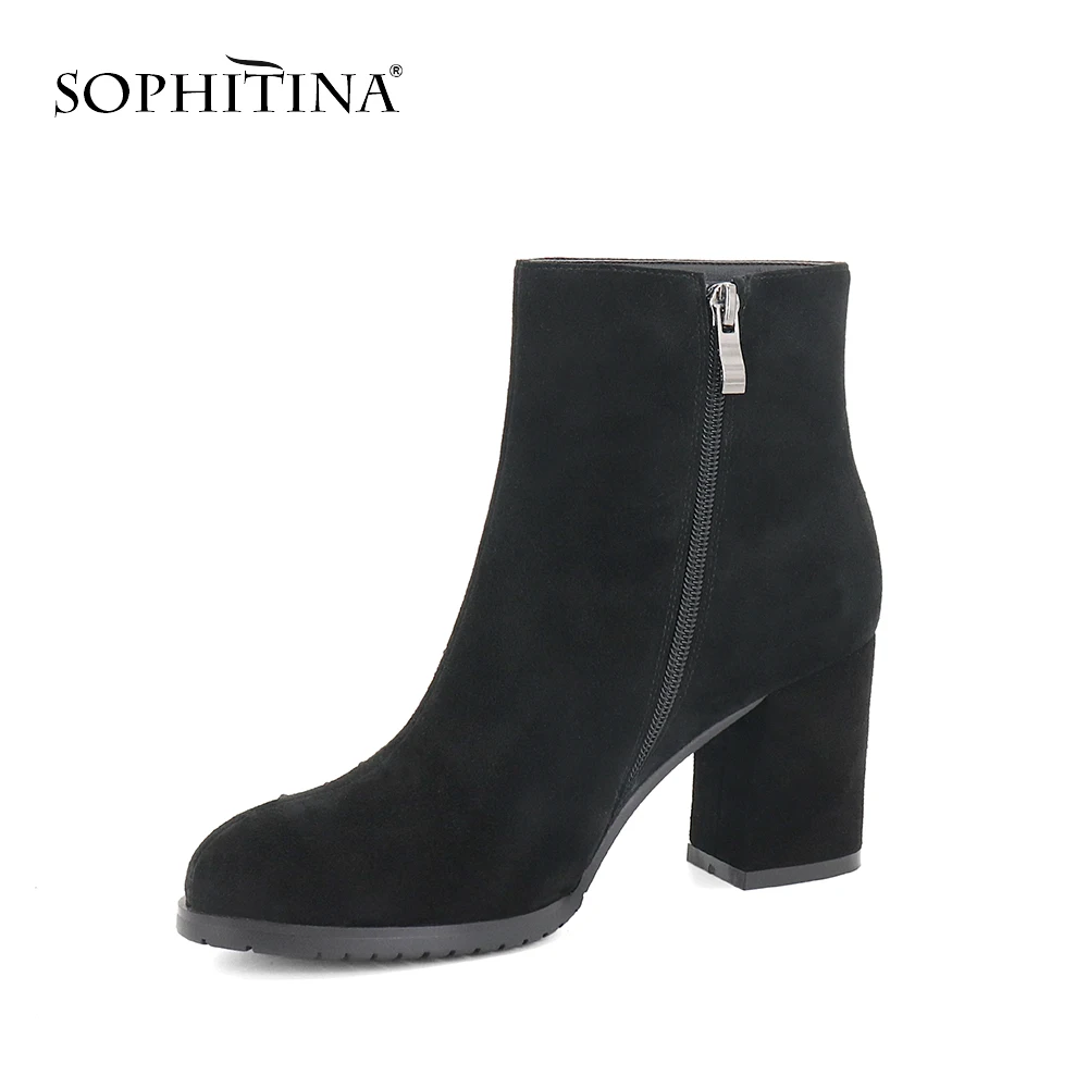 SOPHITINA New Women' s Ankle Boots Elegant Round Toe High Heels Sheepskin Shoes Quality Warm Short Plush Party M80 | Обувь