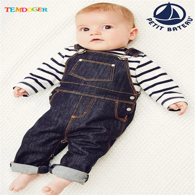Tem Doger Baby Boy Clothing Sets Full Sleeve O-neck Pullover Striped Top+Suspenders Jeans Fashion Boys Suit 2pcs/set |