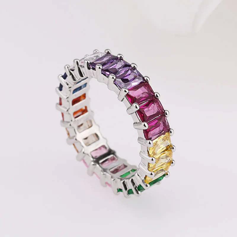 white Gold HPXmas новое Золотое заполненное полностью ювелирное Радужное красочное многоцветное кубическое циркониевое вечное квадратное багет кольцо на палец A86 - Цвет основного камня: white Gold