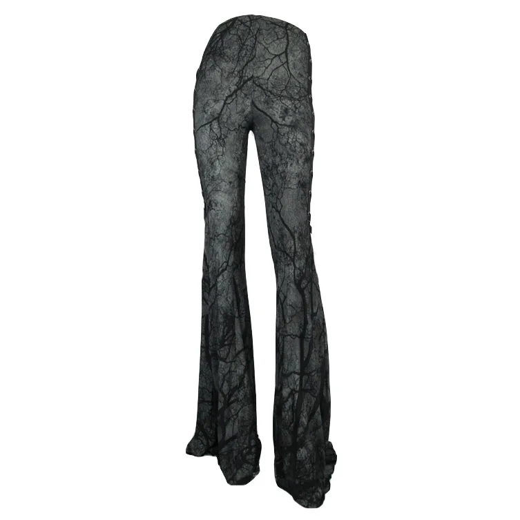 Vintage Gothic Women Pants Lace Up Bandage Pants Tree Root Pattern Elastic High Waist FLare Trousers Women