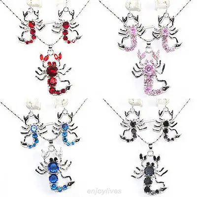 mujer Nobility Lucky Women Red Pink Blue Black Cubic Zirconia Crystal Scorpion Pendant Earrings &amp Necklace hook Fine | Украшения и