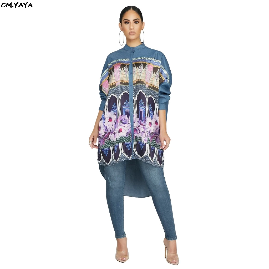 2019 women new summer vintage floral print long sleeve irregular hem loose blouse shirt dress fashion denim dresses GLSMR9318 | Женская