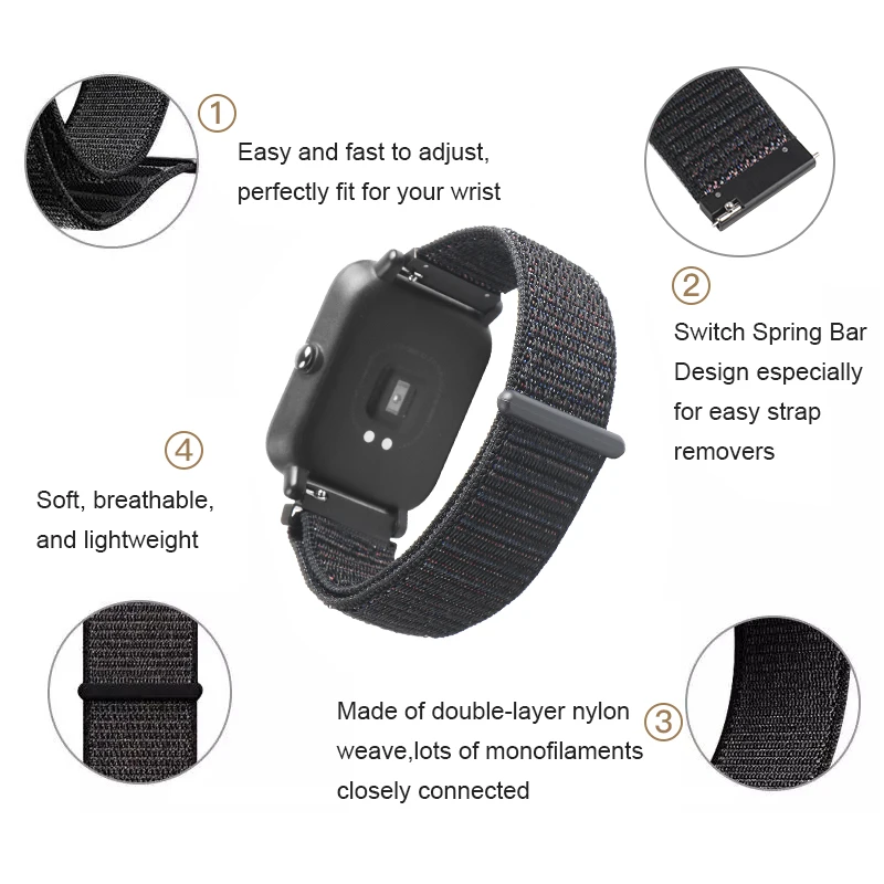 SIKAI 22 мм 20 нейлоновый ремешок для Xiaomi Amazfit Bip Pace на запястье липучке Смарт часы