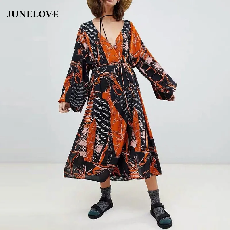 Женское платье с длинным рукавом фонариком JuneLove винтажное длинное в стиле бохо v